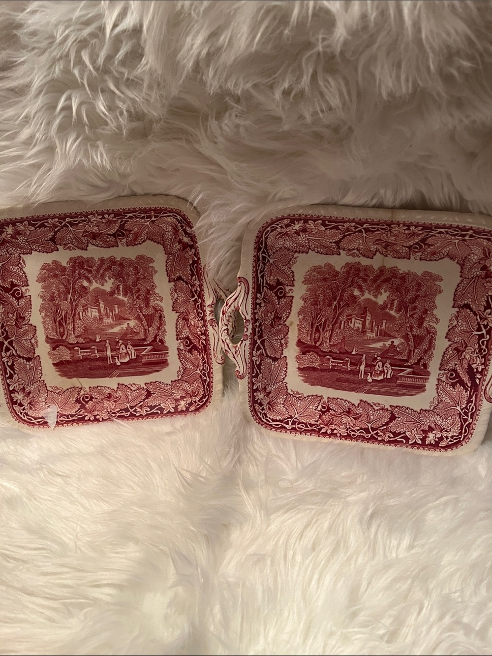 Mason Red and White Scenic Transferware Square Serving Dishes